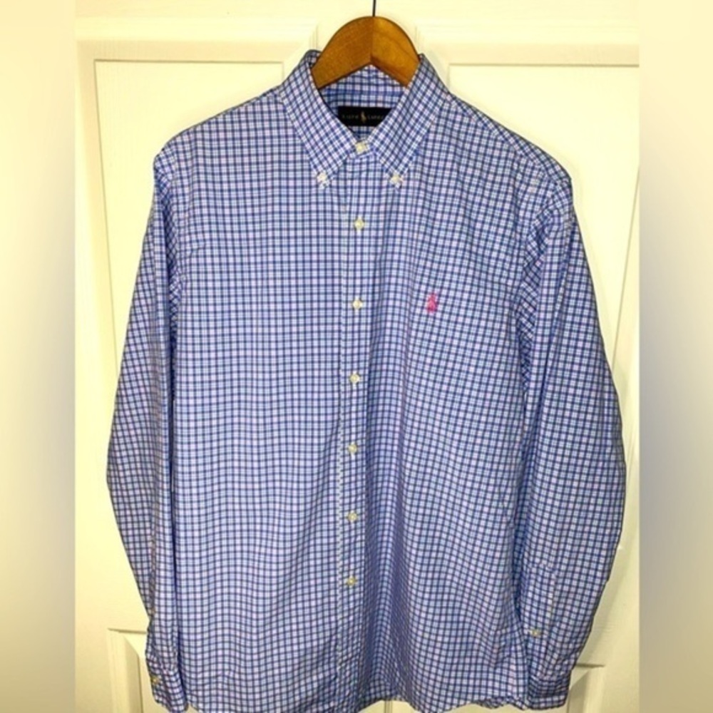 Ralph Lauren Blue and Pink Checkered Button Down Shirt, Men’s Size L, Casual